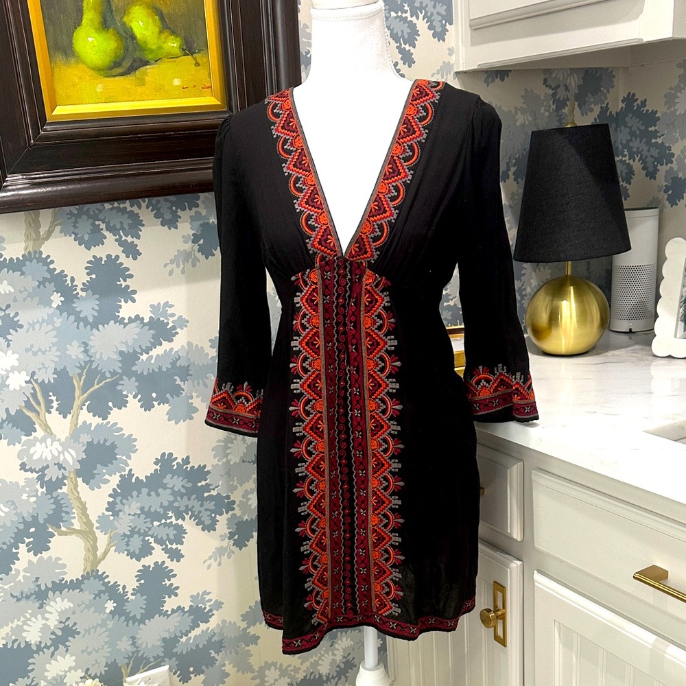 Flying Tomato Black Mini Dress with Red Embroidered Panel